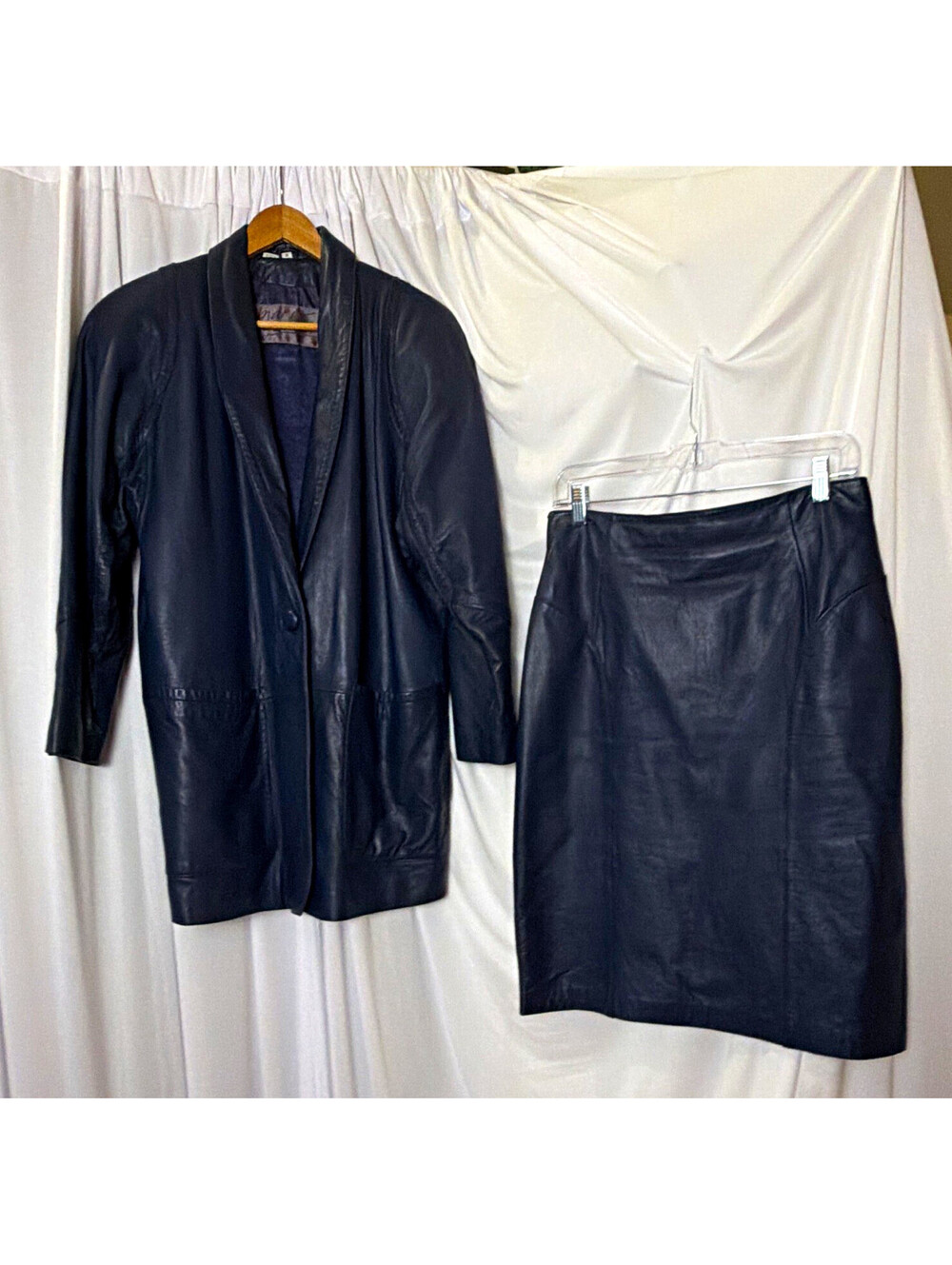 VTG 80s Mario Zarelli Midnight Blue Leather 2-Piece Skirt Suit Set Shawl Lapel